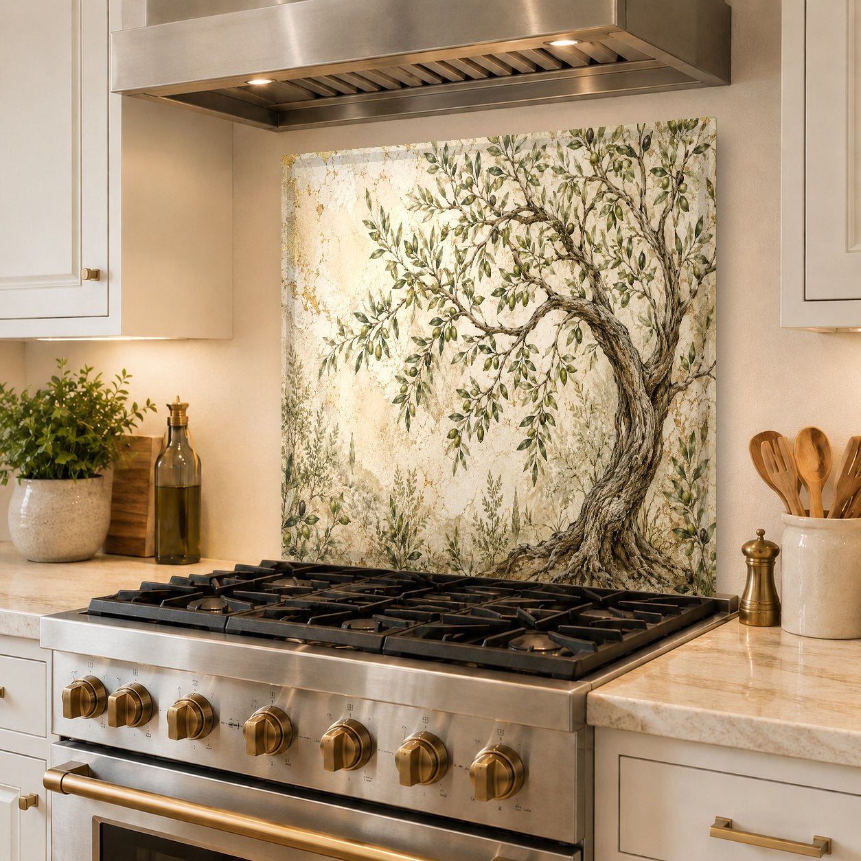 Tempered glass backsplash with olive branches and rustic background installed behind a stove in a luxury kitchen.