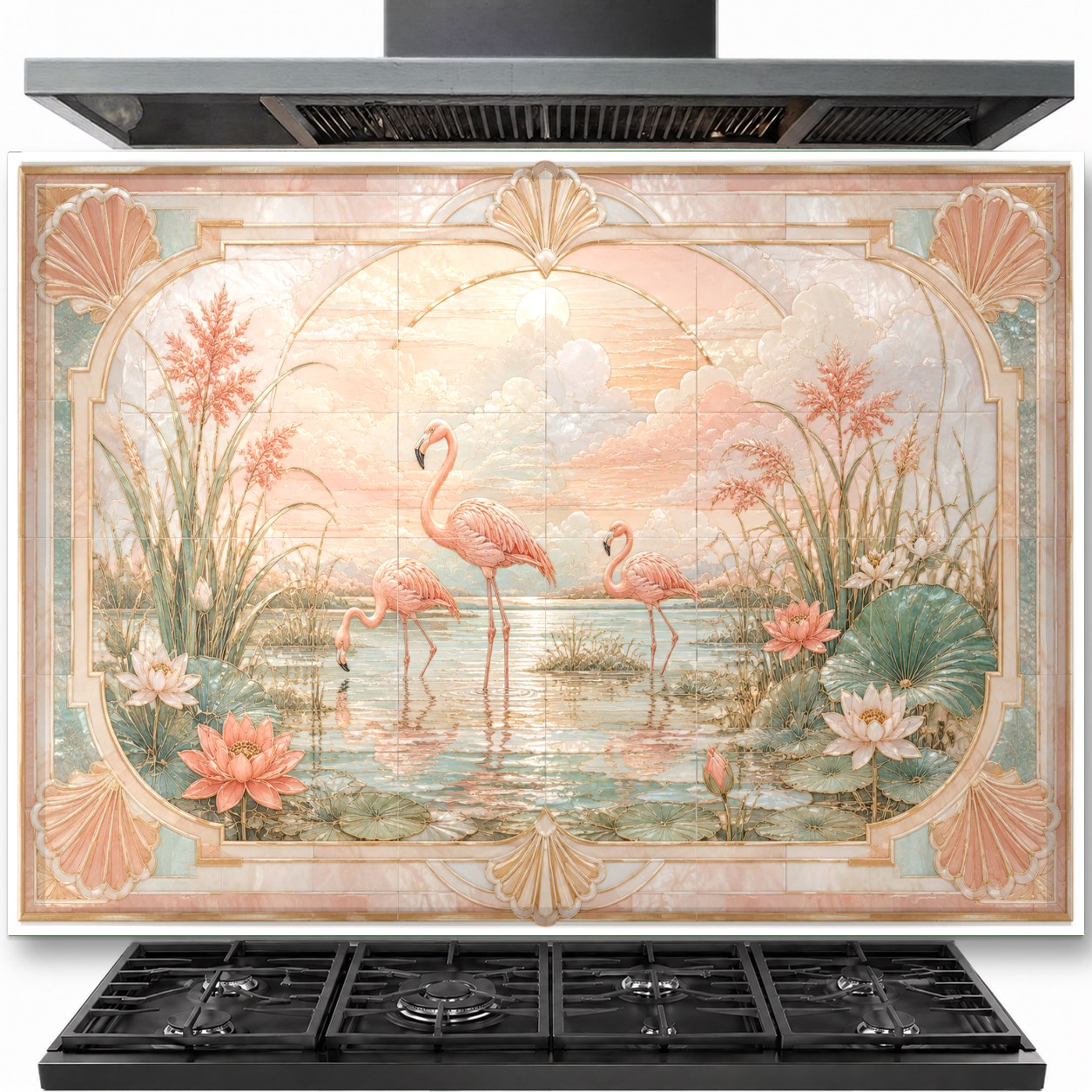 Pink flamingos tempered glass backsplash installed behind a modern gas stove