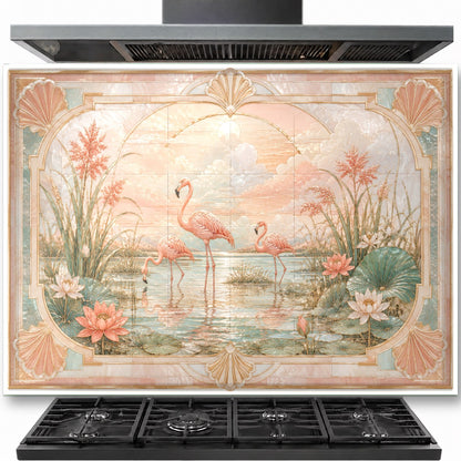 Pink flamingos tempered glass backsplash installed behind a modern gas stove