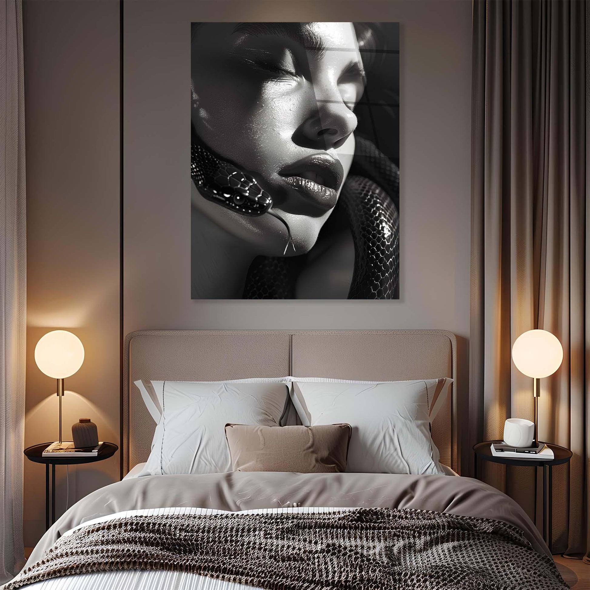 Modern bedroom with a large bed, side tables with lamps, and a decorative wall art piece.