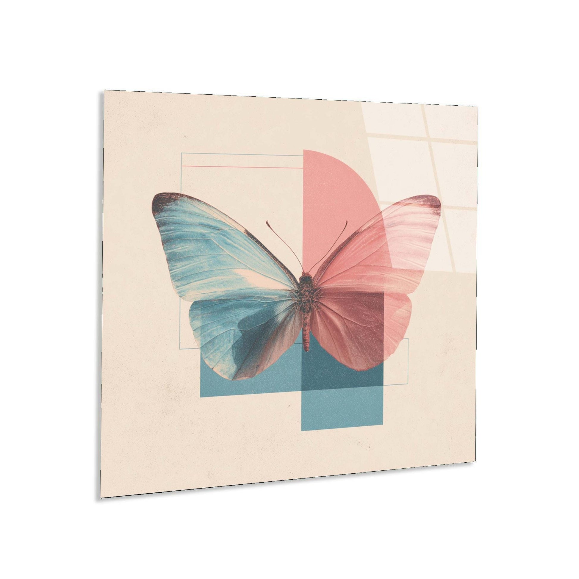 Butterfly design with pink and blue wings on a beige background