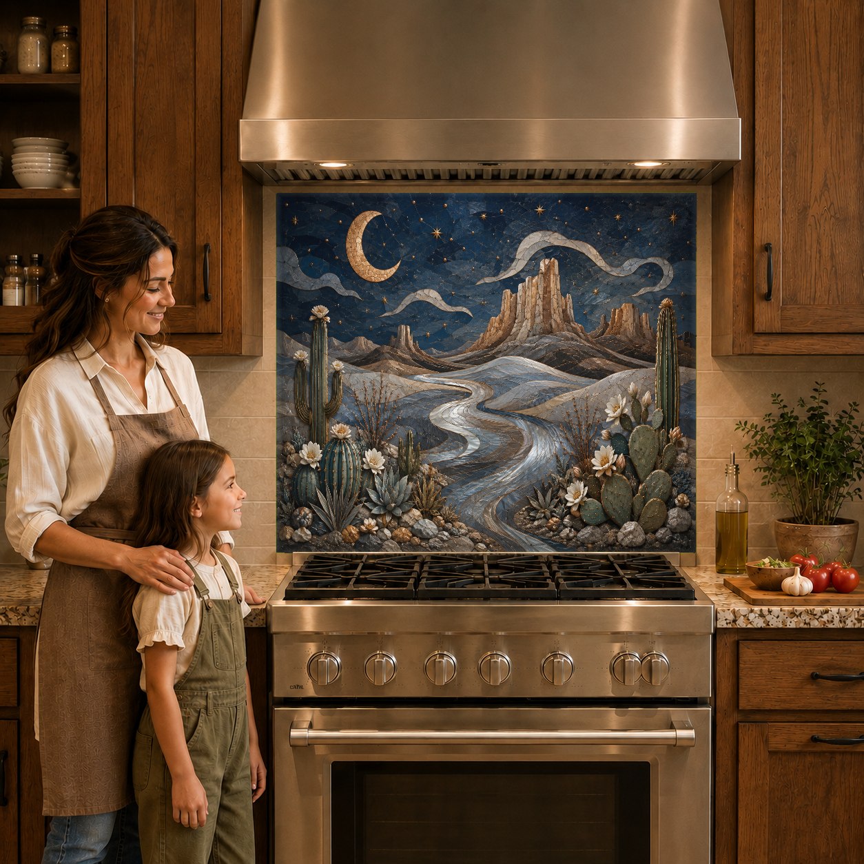 Heat resistant glass backsplash with a desert moon design mounted on a kitchen wall behind a sleek cooktop.