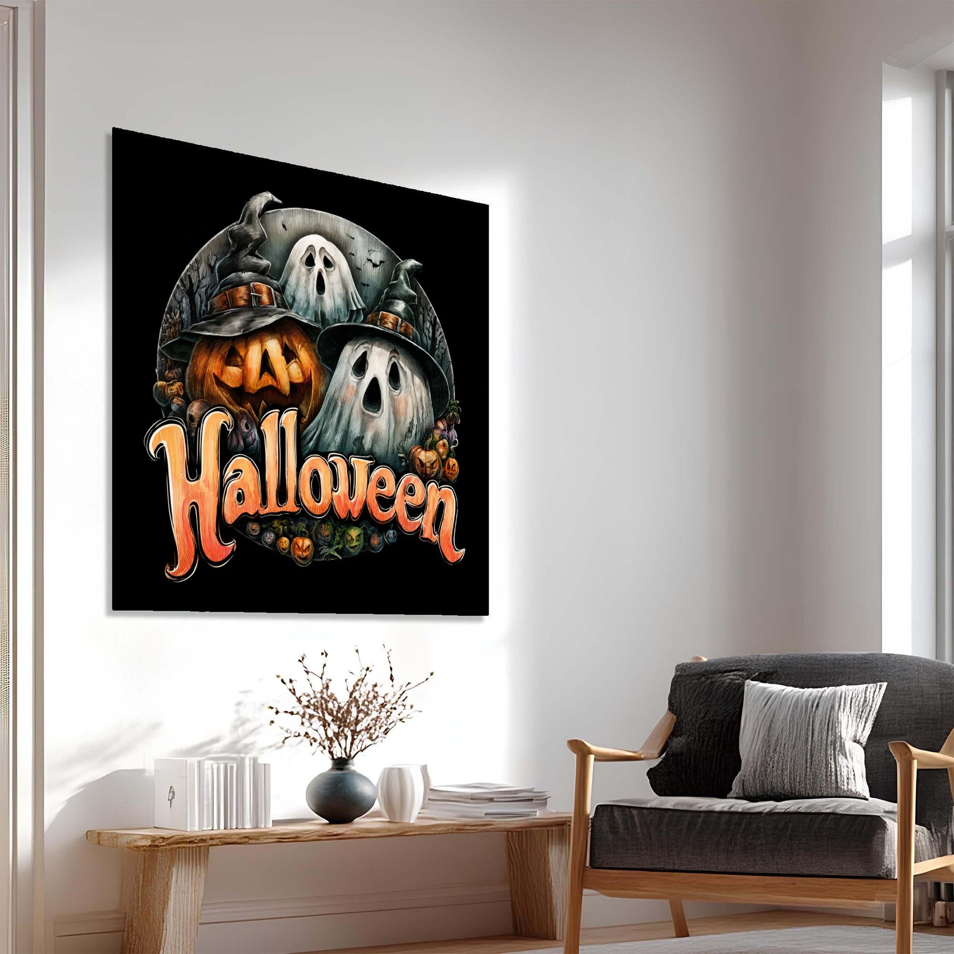 Halloween-themed wall art above a coffee table in a living room.