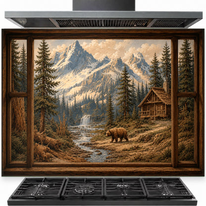 Mountain Bear tempered glass backsplash installed behind a modern kitchen stove