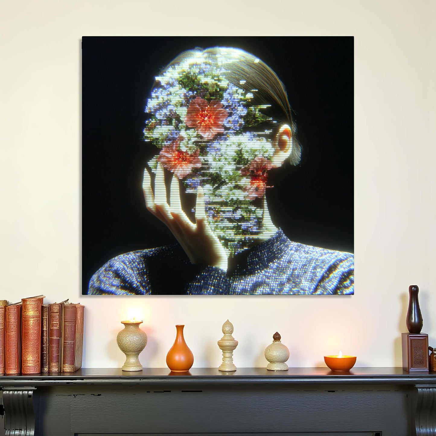 Abstract artwork of a person with floral overlay on a wall above a shelf with decorative items.