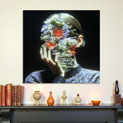 Abstract artwork of a person with floral overlay on a wall above a shelf with decorative items.