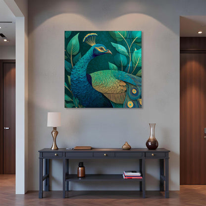 Peacock painting on a wall above a console table with decorative items.