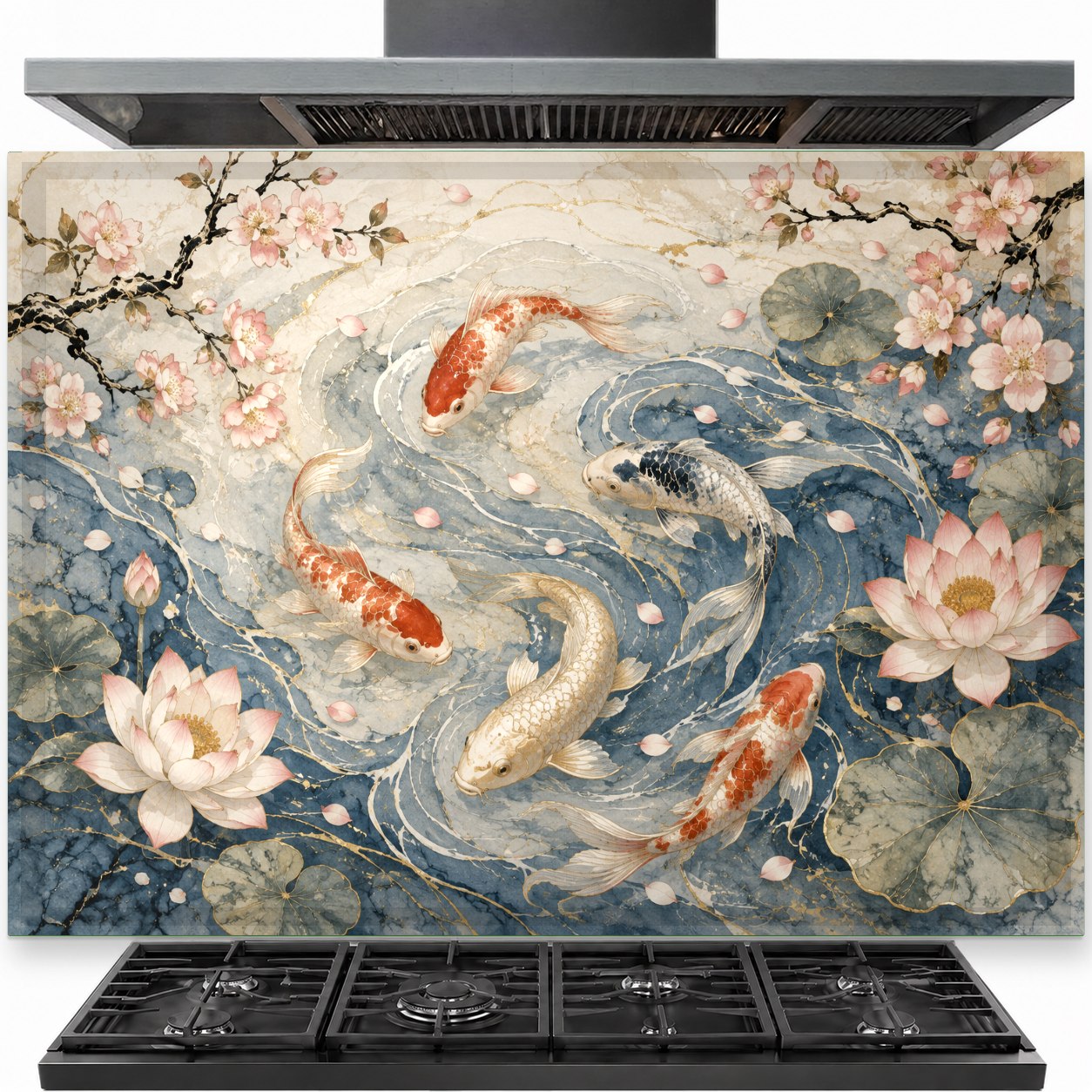 Moonlit Koi tempered glass backsplash installed behind a stainless steel kitchen stove