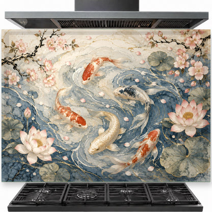 Moonlit Koi tempered glass backsplash installed behind a stainless steel kitchen stove