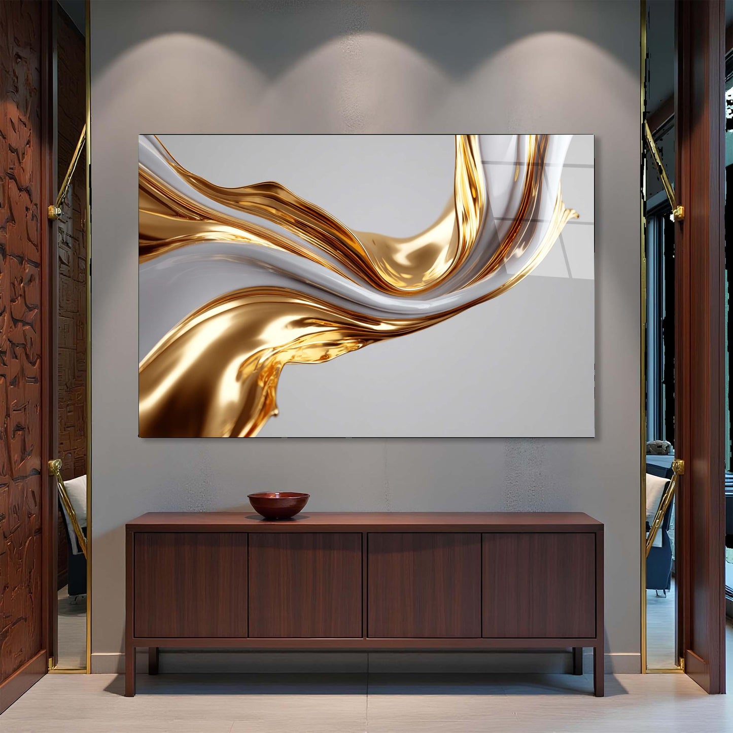 Abstract gold and white painting on a wall above a wooden cabinet.