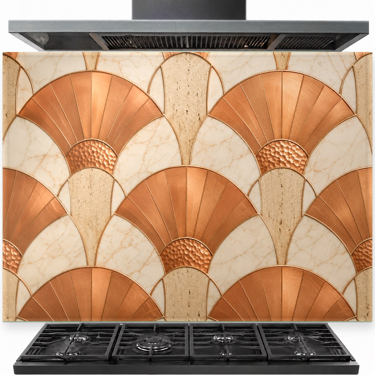 Modern kitchen stove area featuring a warm copper abstract tempered glass backsplash behind a professional gas range.