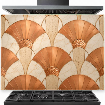 Modern kitchen stove area featuring a warm copper abstract tempered glass backsplash behind a professional gas range.