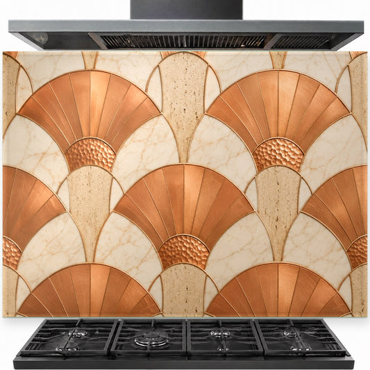Modern kitchen stove area featuring a warm copper abstract tempered glass backsplash behind a professional gas range.