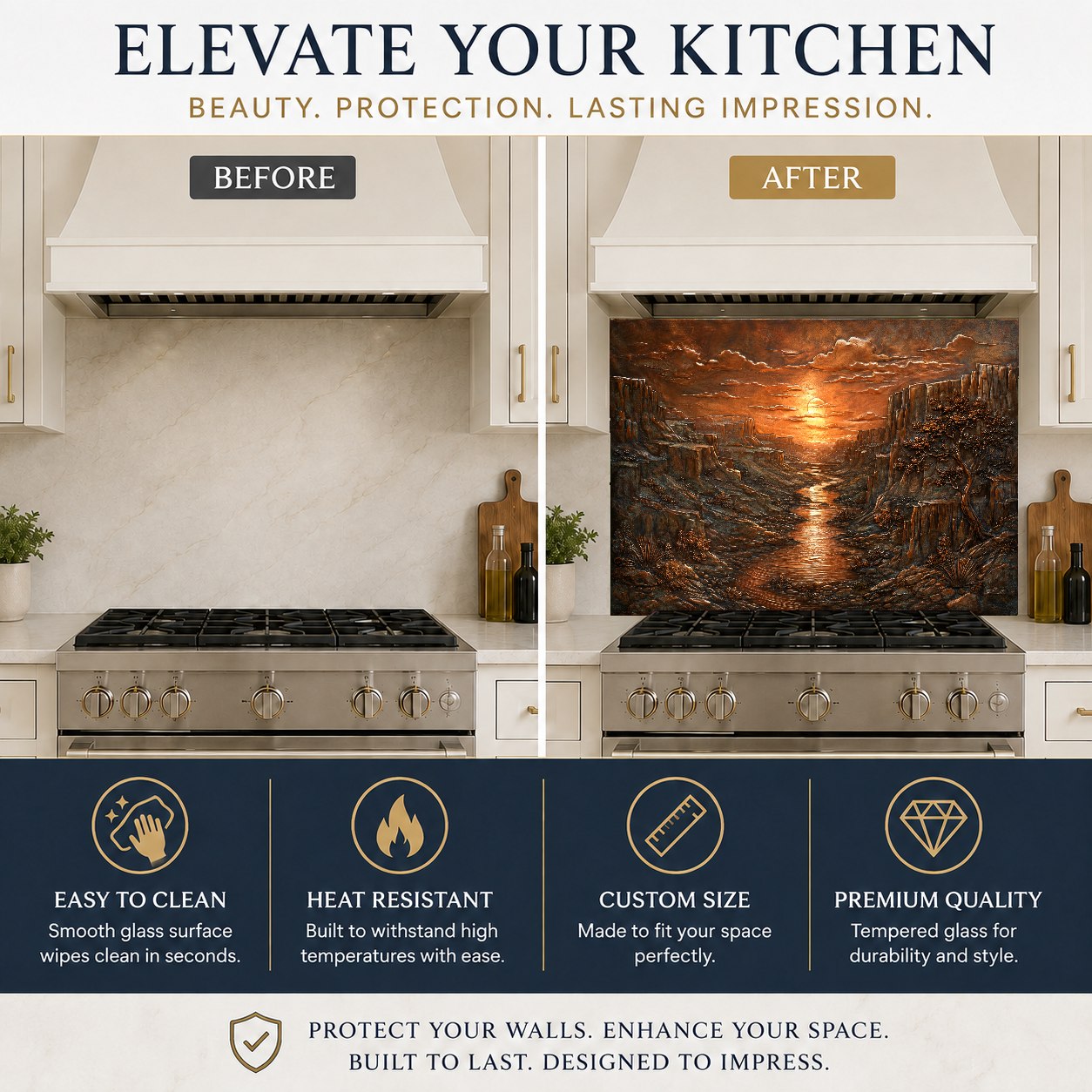 Elegant Copper Canyon glass backsplash panel serving as a sleek accent wall behind a professional range.