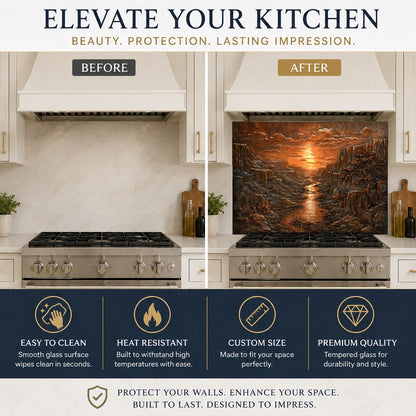 Elegant Copper Canyon glass backsplash panel serving as a sleek accent wall behind a professional range.