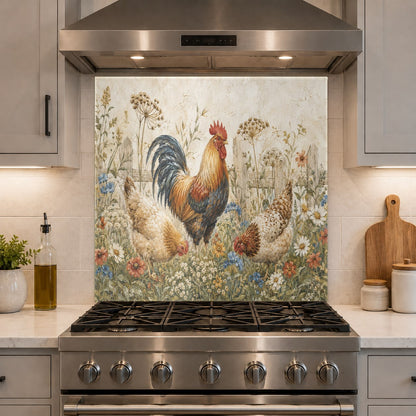 A beautiful rustic rooster glass backsplash panel installed in a farmhouse style home bar area.
