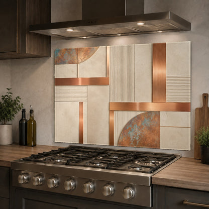 Industrial style copper look glass backsplash mounted on a kitchen island prep area wall.