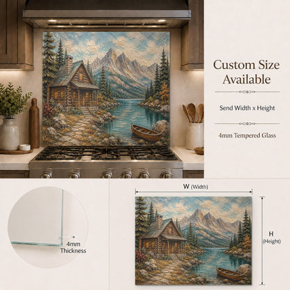 Stunning nature-inspired glass backsplash panel creating a rustic focal point on a cabin kitchen island wall.