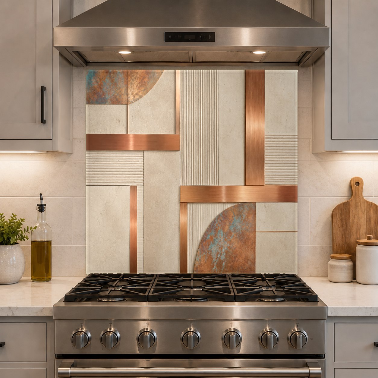 High-gloss copper art tempered glass backsplash creating a stunning focal point behind a professional range.
