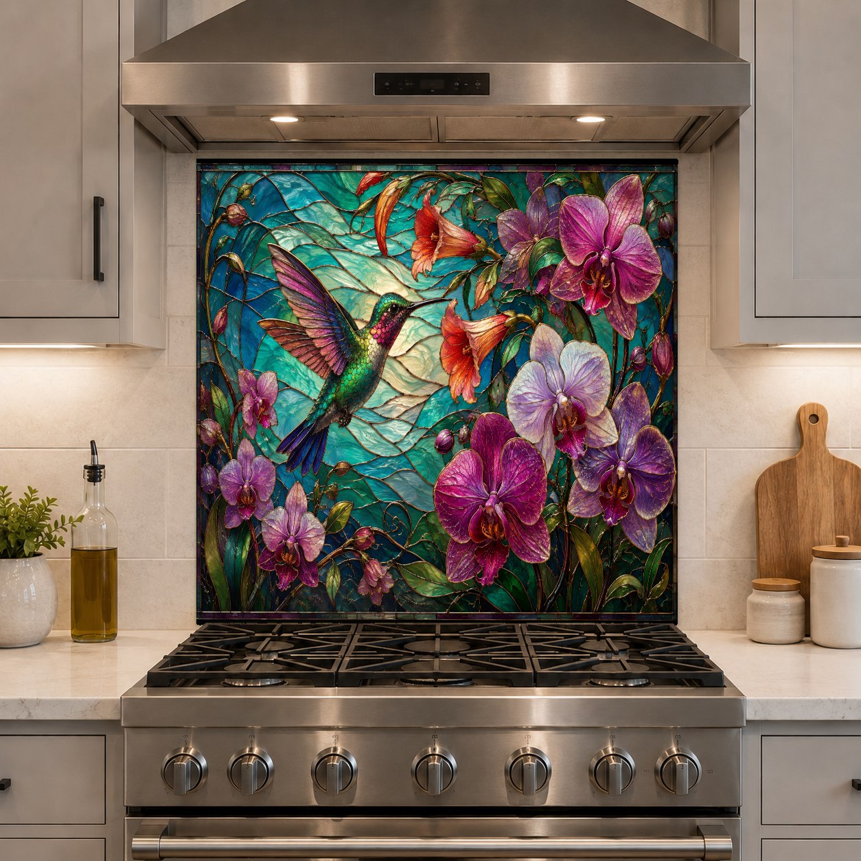 A beautiful nature-themed glass backsplash behind a cooktop, highlighting pink orchids and a feeding hummingbird.