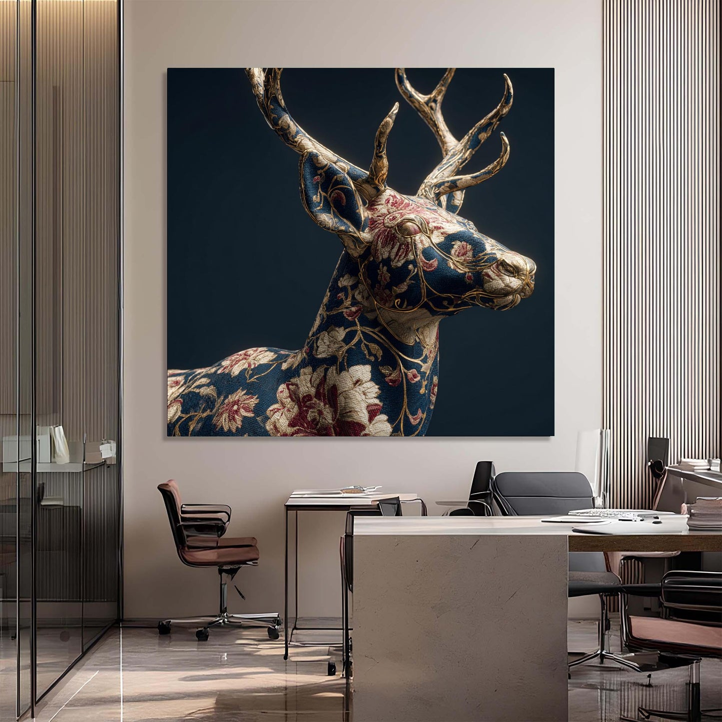 Decorative wall art of a floral-patterned deer head in an office setting.