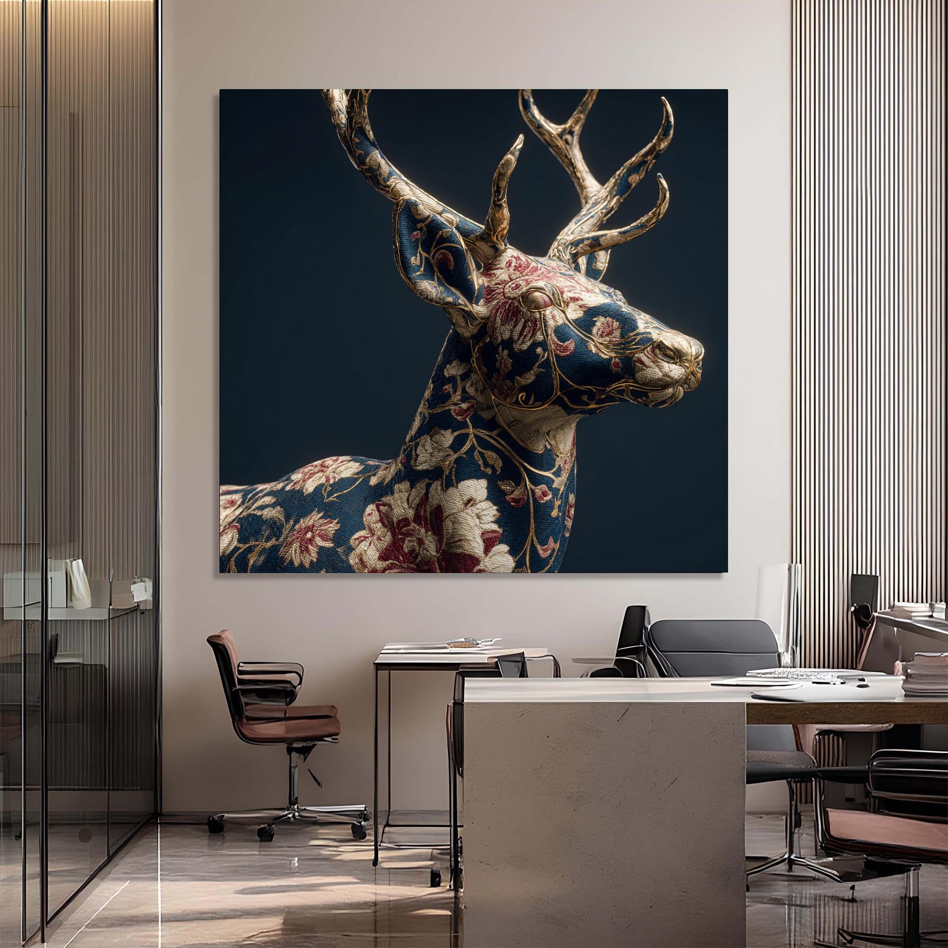 Decorative wall art of a floral-patterned deer head in an office setting.