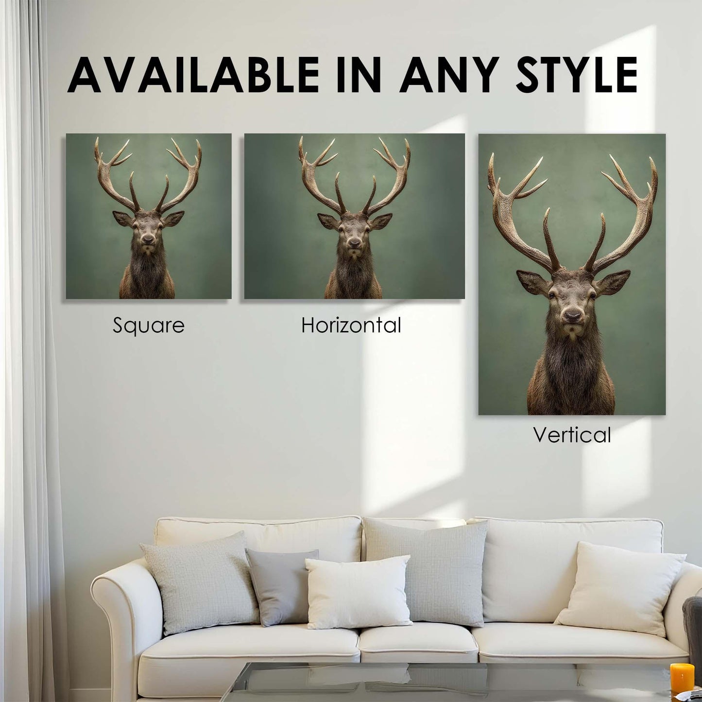Three deer portraits in different orientations on a wall above a sofa.