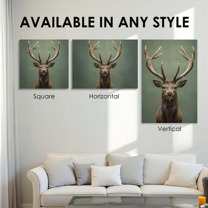 Three deer portraits in different orientations on a wall above a sofa.