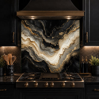 Hygienic and grout-free golden marble glass backsplash wall panel in a contemporary kitchen setting.