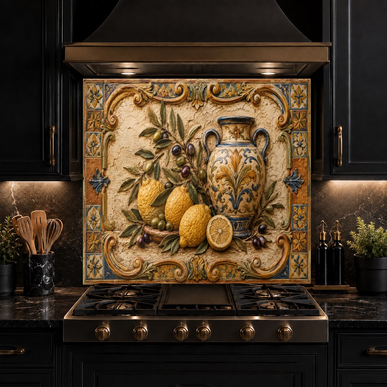 Tempered glass kitchen backsplash featuring Italian lemons on a stove back wall