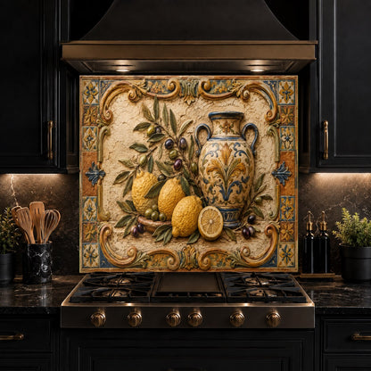 Tempered glass kitchen backsplash featuring Italian lemons on a stove back wall