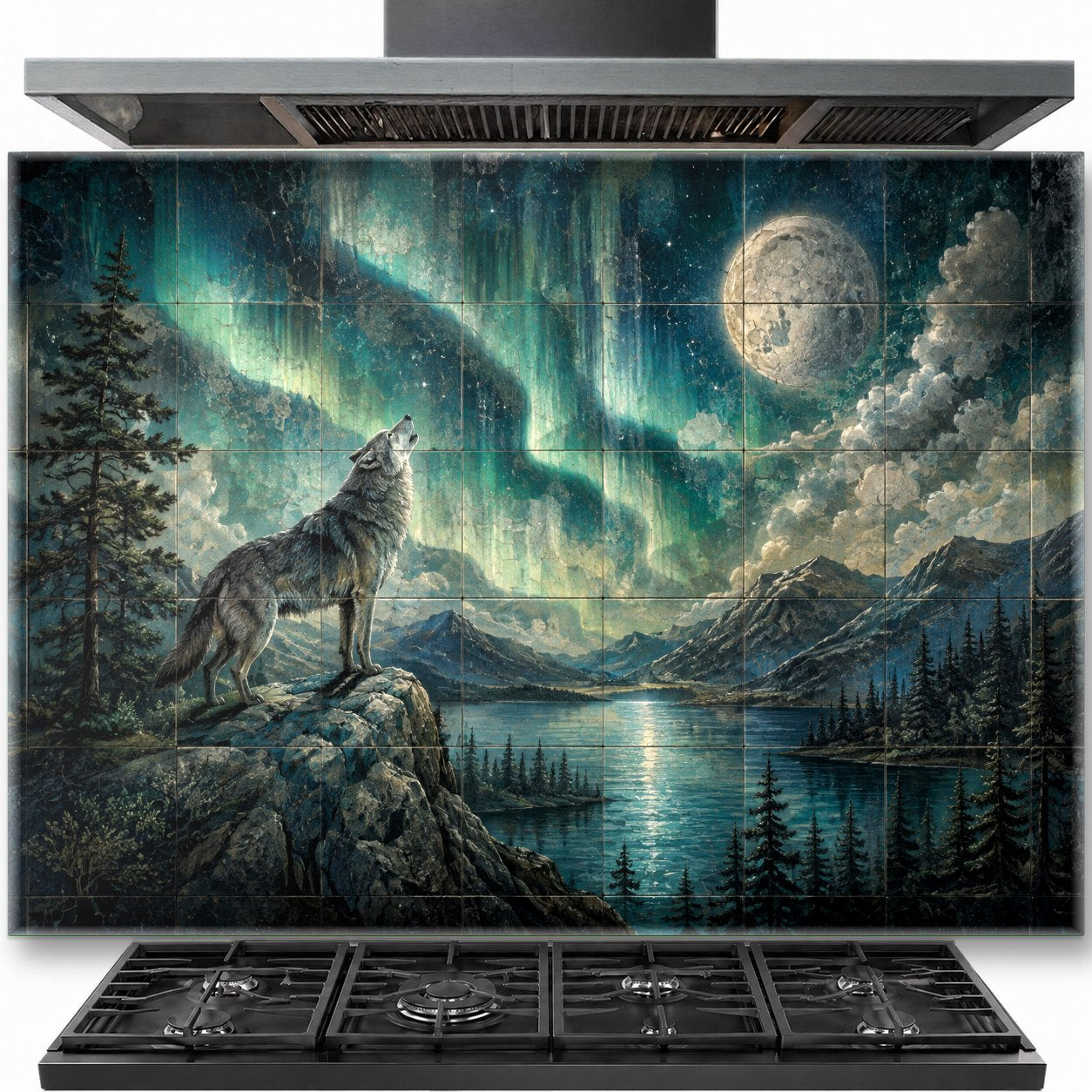 Aurora wolf tempered glass backsplash installed behind a modern stainless steel gas stove