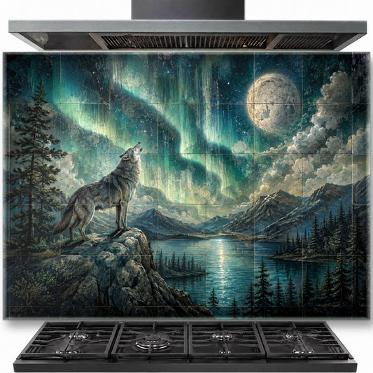 Aurora wolf tempered glass backsplash installed behind a modern stainless steel gas stove
