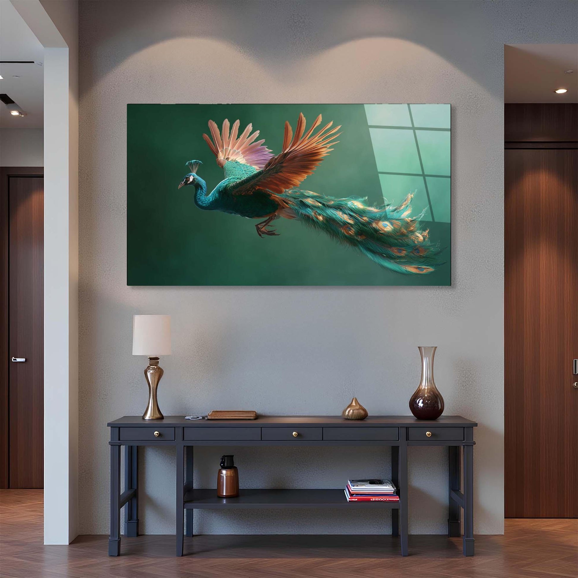 Peacock painting on a wall above a console table with decorative items.