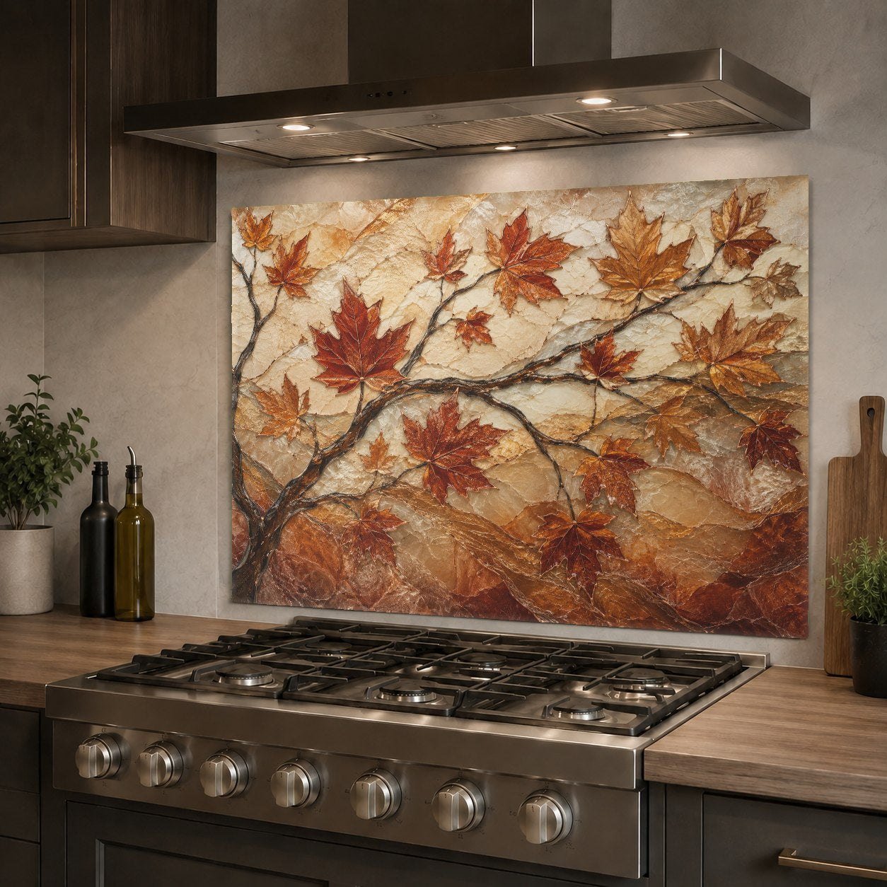 Stunning autumn-themed tempered glass stove splash guard in a cozy country kitchen with wooden cabinets.