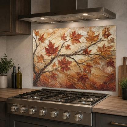 Stunning autumn-themed tempered glass stove splash guard in a cozy country kitchen with wooden cabinets.