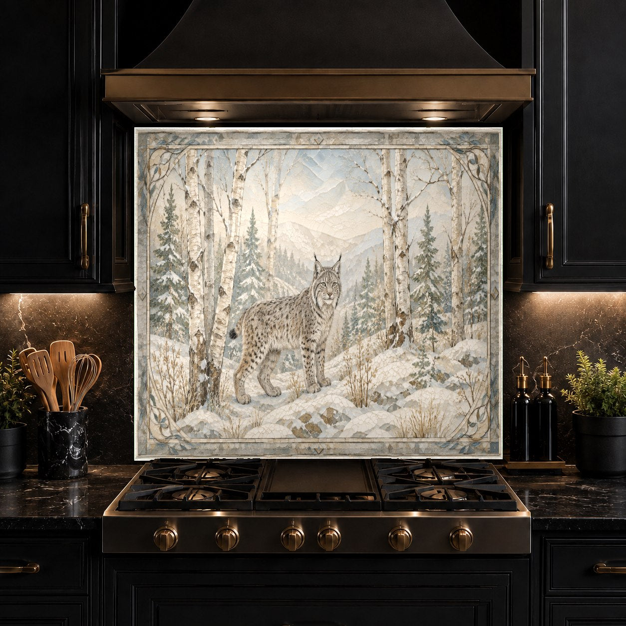 Tempered glass kitchen wall panel featuring serene snowy pine trees