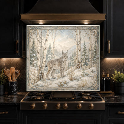Tempered glass kitchen wall panel featuring serene snowy pine trees