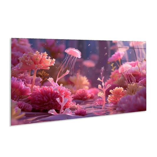 Underwater scene with pink jellyfish and flowers on a white background