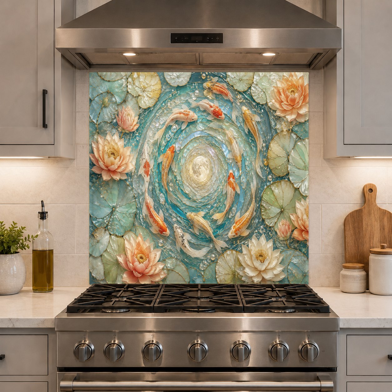 Durable and hygienic golden koi tempered glass backsplash panel in a clean, minimalist kitchen setting.