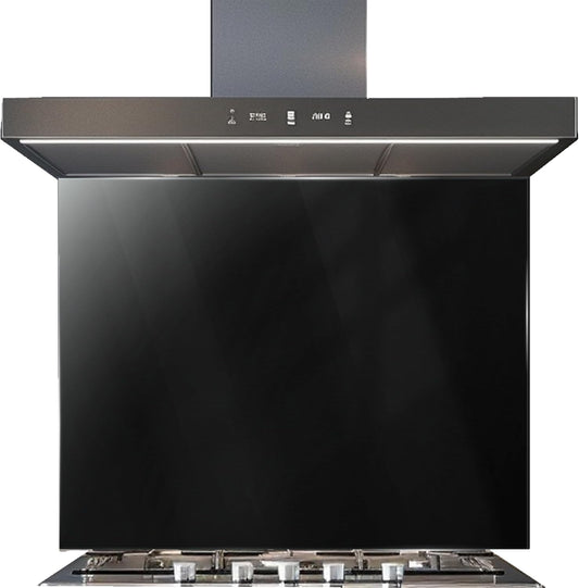 Black solid color custom kitchen backsplash made from tempered glass