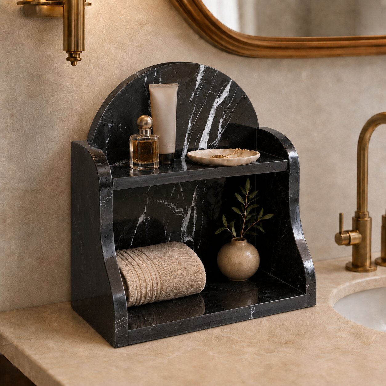 A black marble bathroom vanity organizer with two shelves, styled with a rolled beige towel, a small vase with greenery, a perfume bottle, and a soap dish, set on a beige marble countertop next to a brass faucet.