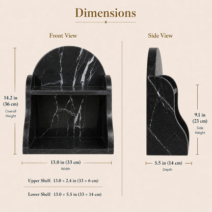 A dimension diagram of a black marble shelf, showing front and side views with measurements for overall height, width, depth, and shelf sizes on a beige background.