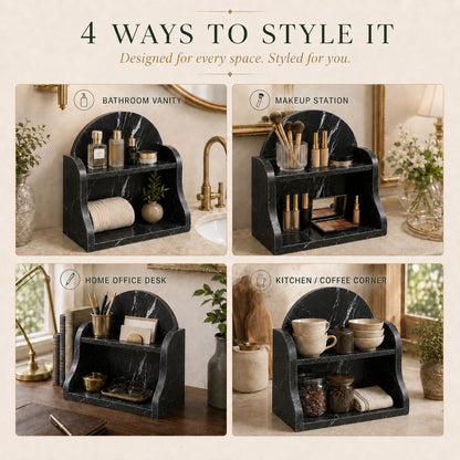A promotional collage showing a black marble-look two-tier organizer in four lifestyle settings: bathroom vanity, makeup station, home office desk, and kitchen/coffee corner. Large text at the top reads '4 WAYS TO STYLE IT' with smaller copy below.