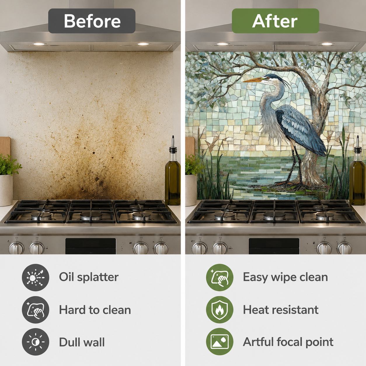 Heron Glass Backsplash for Kitchen Stove