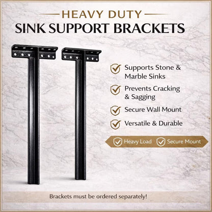 Heavy-duty sink support brackets with features listed on a textured background