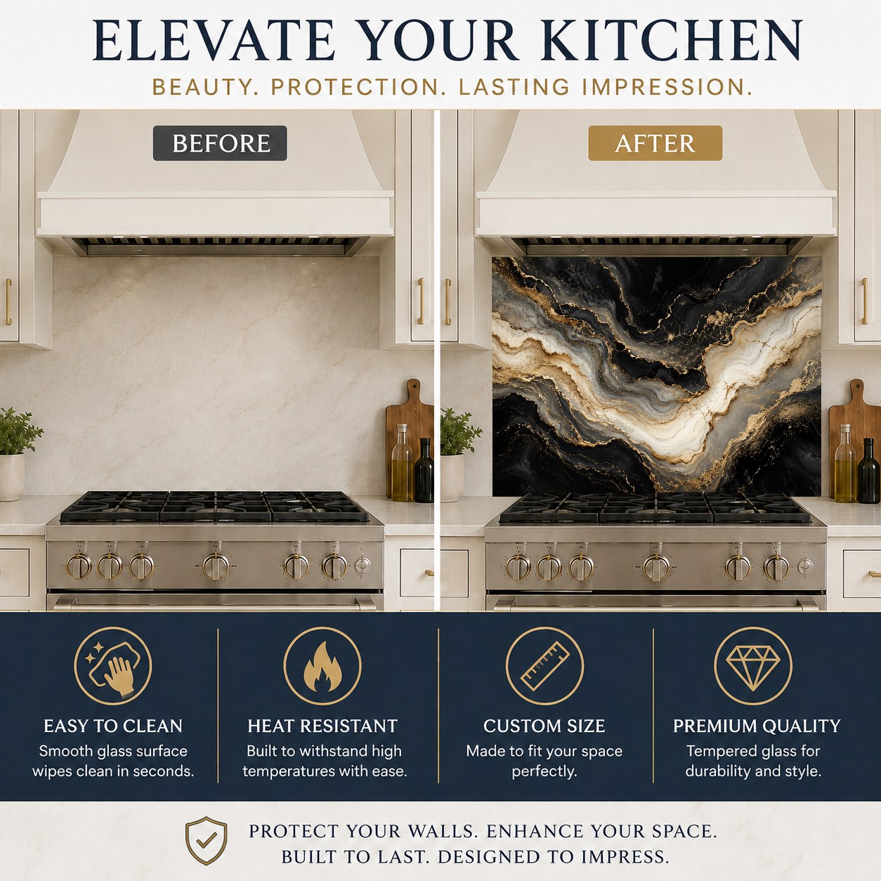 Modern kitchen design featuring a golden marble tempered glass cooktop splash guard and white cabinets.