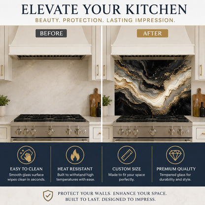 Modern kitchen design featuring a golden marble tempered glass cooktop splash guard and white cabinets.