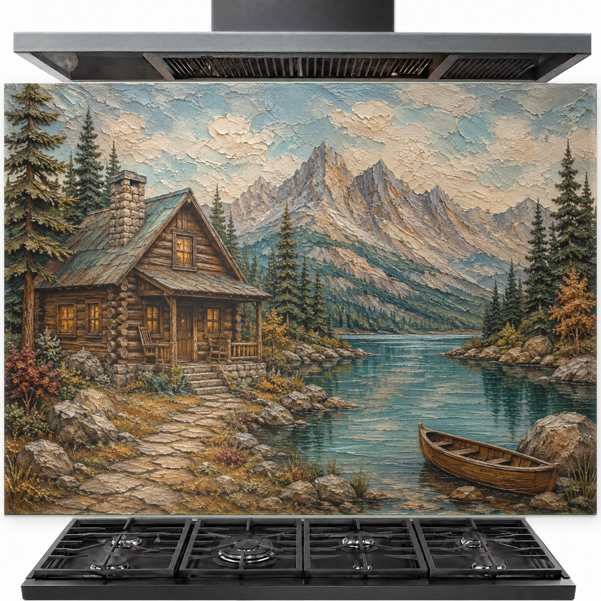 Rustic lake cabin tempered glass backsplash installed behind a professional gas stove in a cozy mountain kitchen.