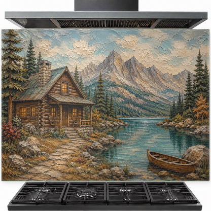 Rustic lake cabin tempered glass backsplash installed behind a professional gas stove in a cozy mountain kitchen.